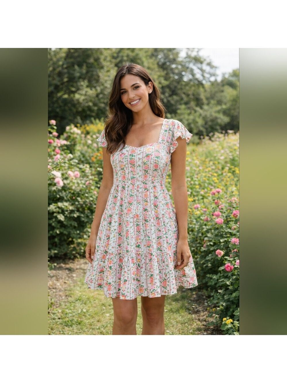 ASTR The Mable Floral Tiered Mini Dress Women’s Large Pink Green Cottagecore